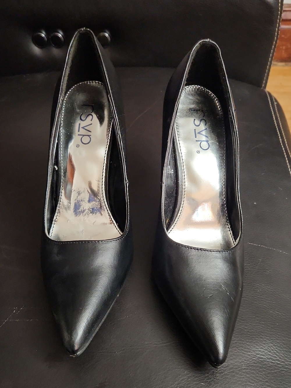 Black Pointed Toe PU Pumps SZ 7.5 3 Inch Heal